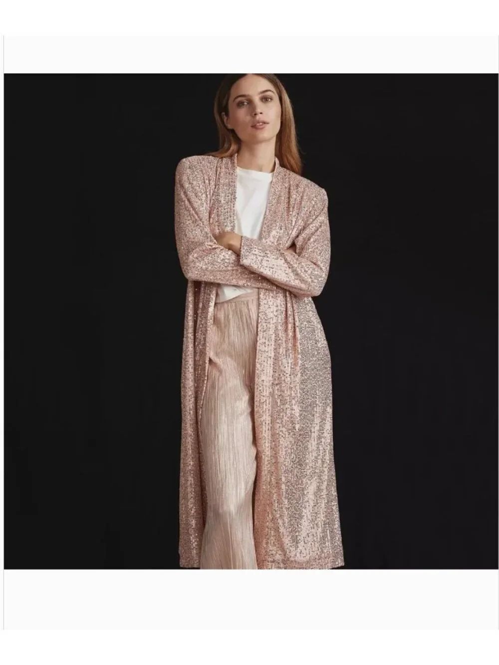 Anthropologie Mare Mare Womens Long Duster Pink Sequin Cardigan M Open NWOT